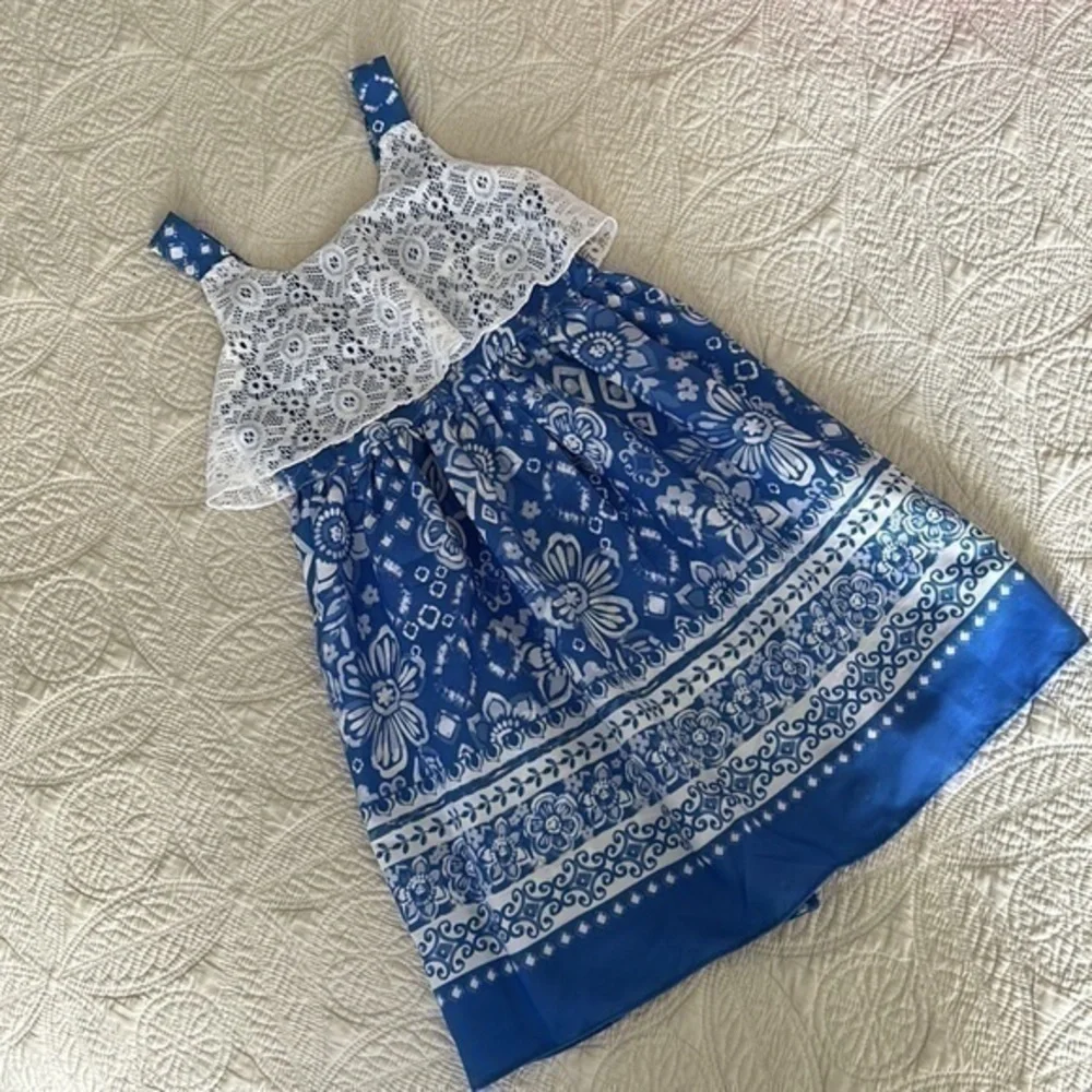 Youngland Sleeveless Dress 4T laced detail bright blue & white